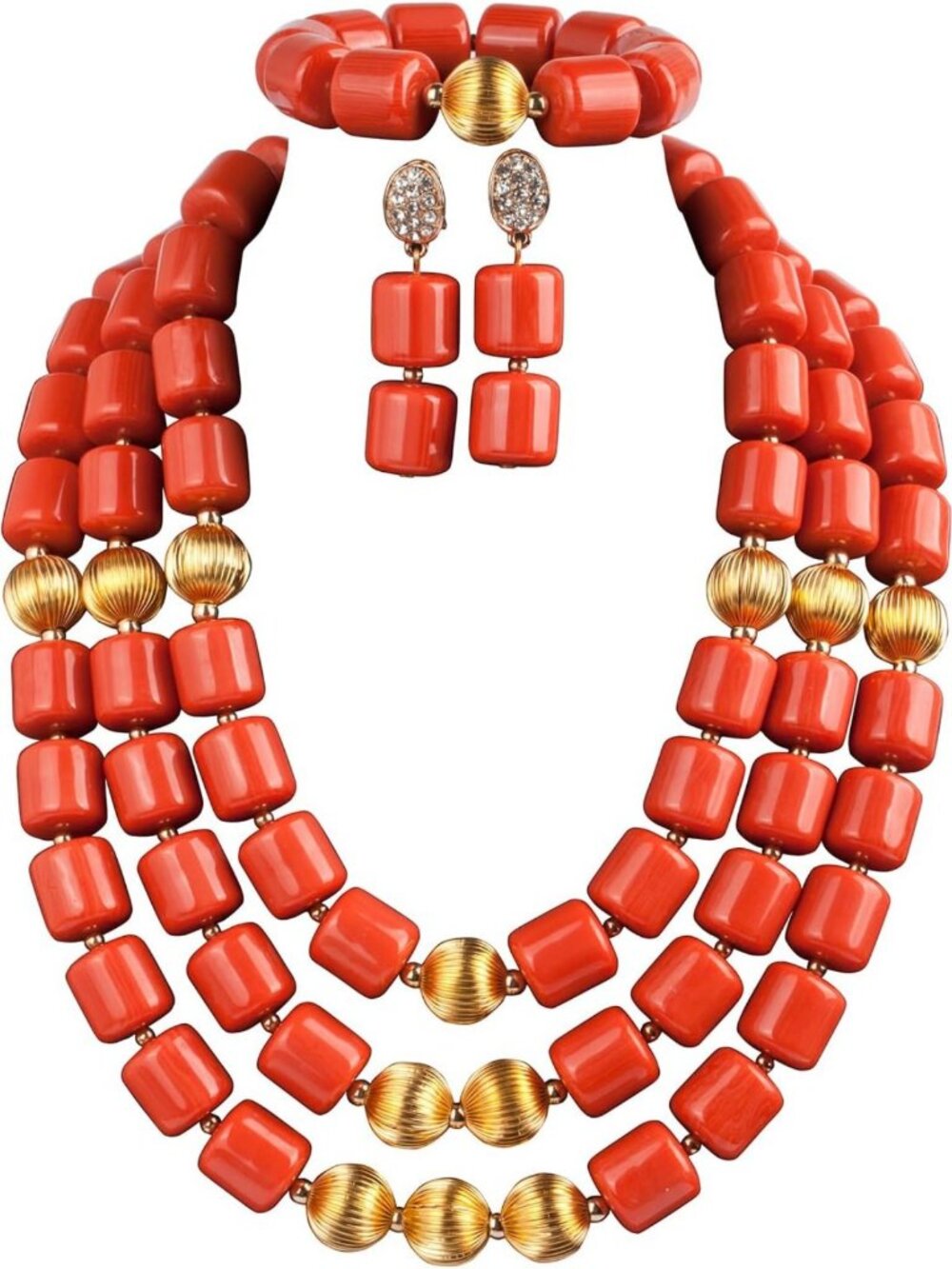 Stunning 5 Row Gold Tone Coral Beads Jewelry Set - Necklace, Bracelet & Earrings